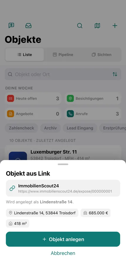 immoJUMP-App: geteiltes Inserat wird zum Objekt mit übernommener Adresse, Kaufpreis und Wohnfläche