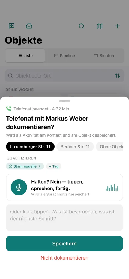 immoJUMP-App nach einem Anruf: Telefonat dokumentieren, Objekt wählen, Sprachnotiz aufnehmen